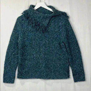 Karen Scott Sport Womens Sweater PM Marled Blue Tneck Split Neck w/ Fringe EUC